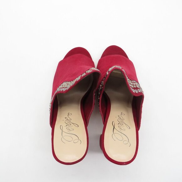 Fergie Women's Red Suede Studded Open-Toe Block Heel Mules Shoes Size 11 NWOT - Picture 6 of 7